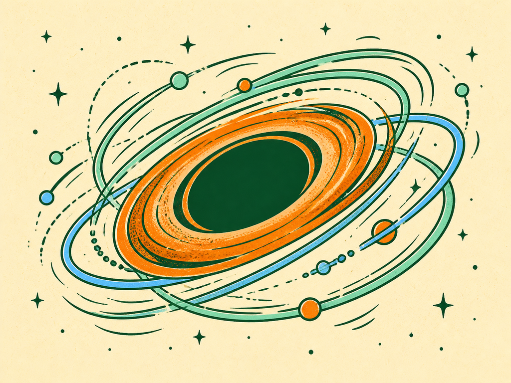 Hand-drawn particle and black-hole illustration for Singularity